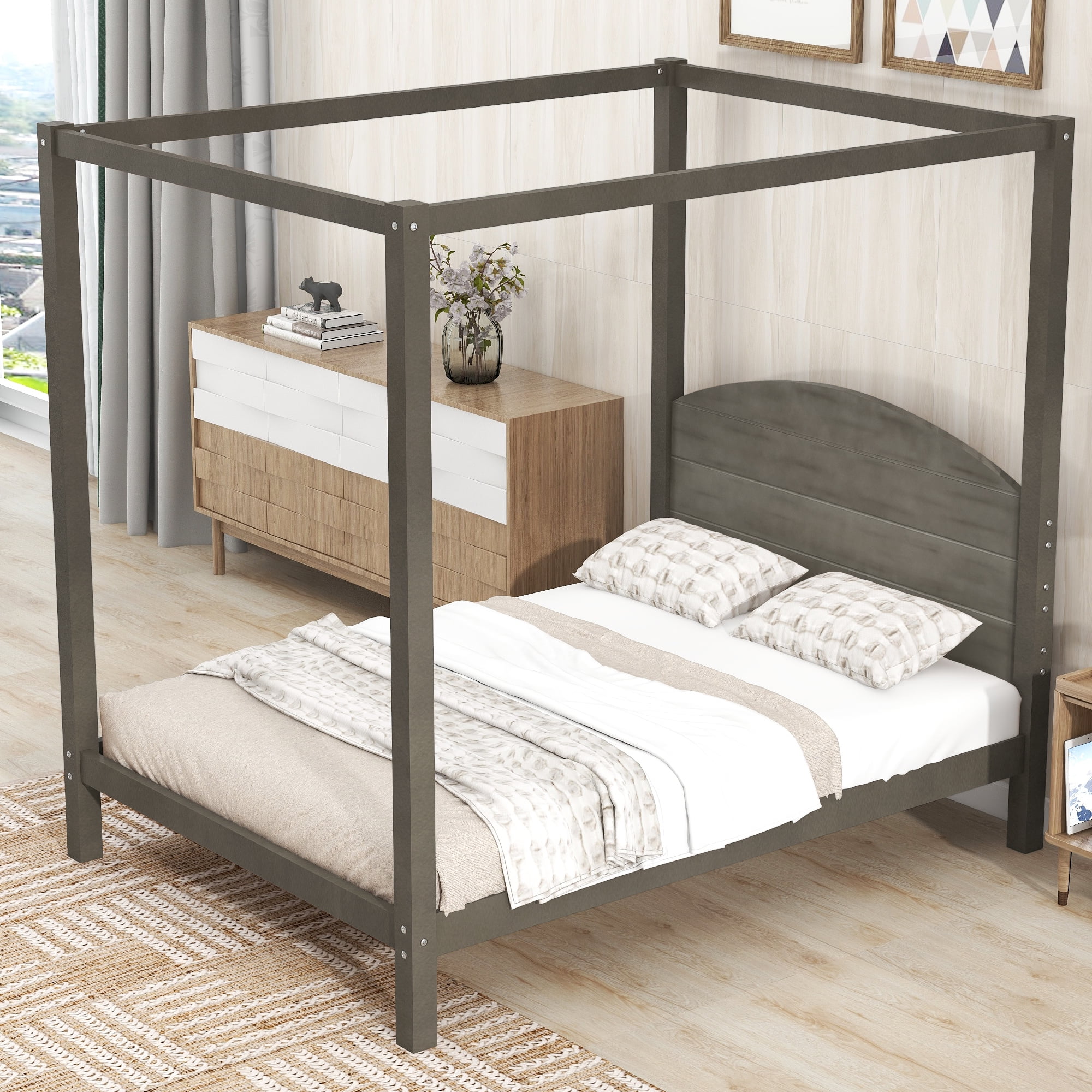 EUROCO Wood Full Size Canopy Bed, Solid Wood Platform Bed with