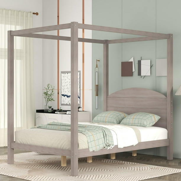 EUROCO Wood Full Size Canopy Bed, Solid Wood Platform Bed with