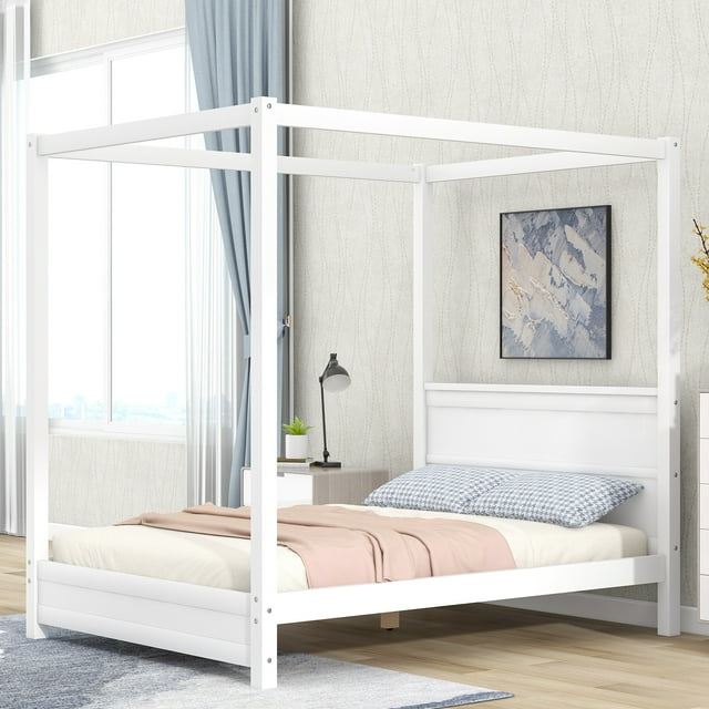EUROCO Wood Full Size Canopy Platform Bed with Headboard for Kids Teens Bedroom, White
