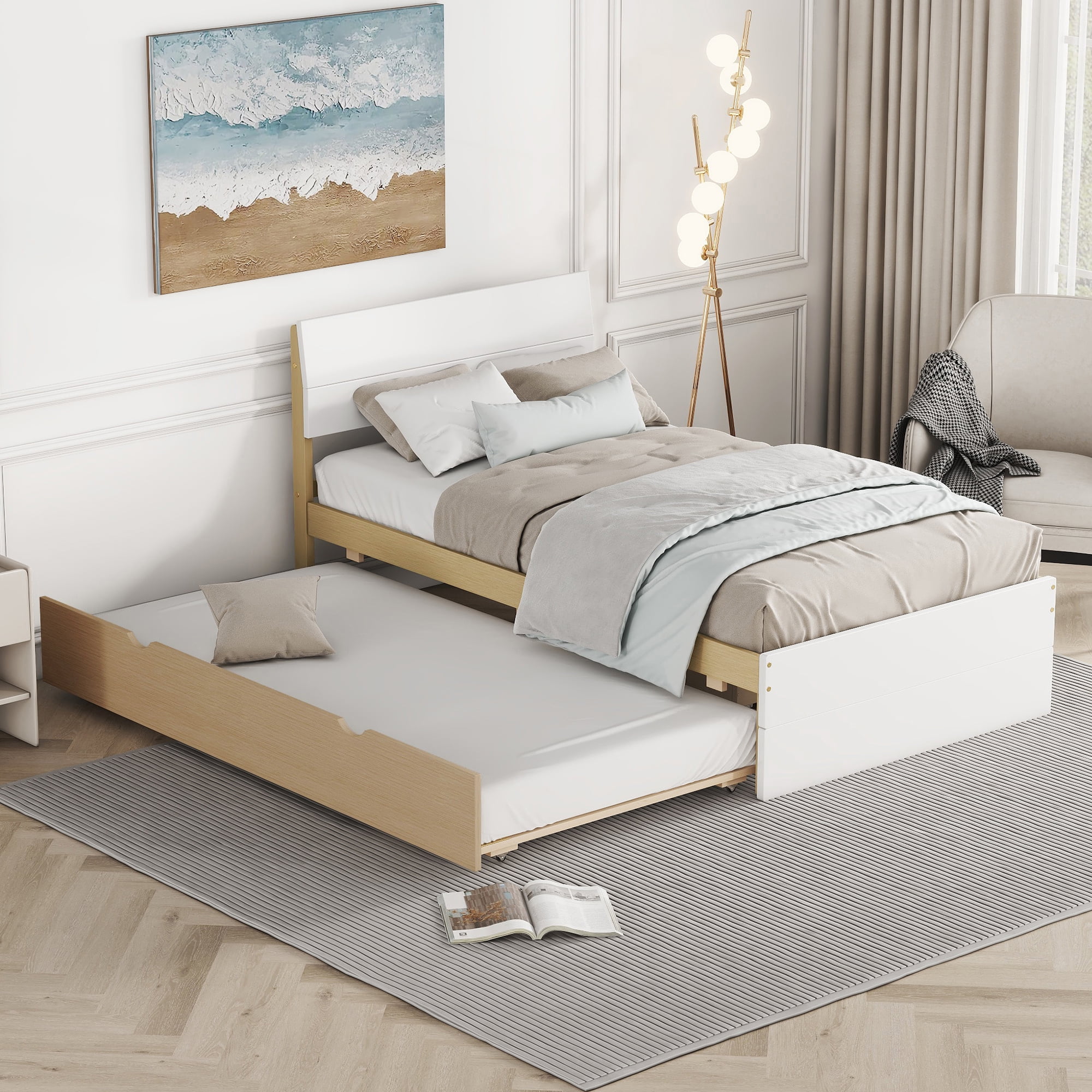 EUROCO Wood Twin Size Platform Bed with Trundle for Kids Teens Adults, Solid Wood Bed for Bedroom, Light Oak