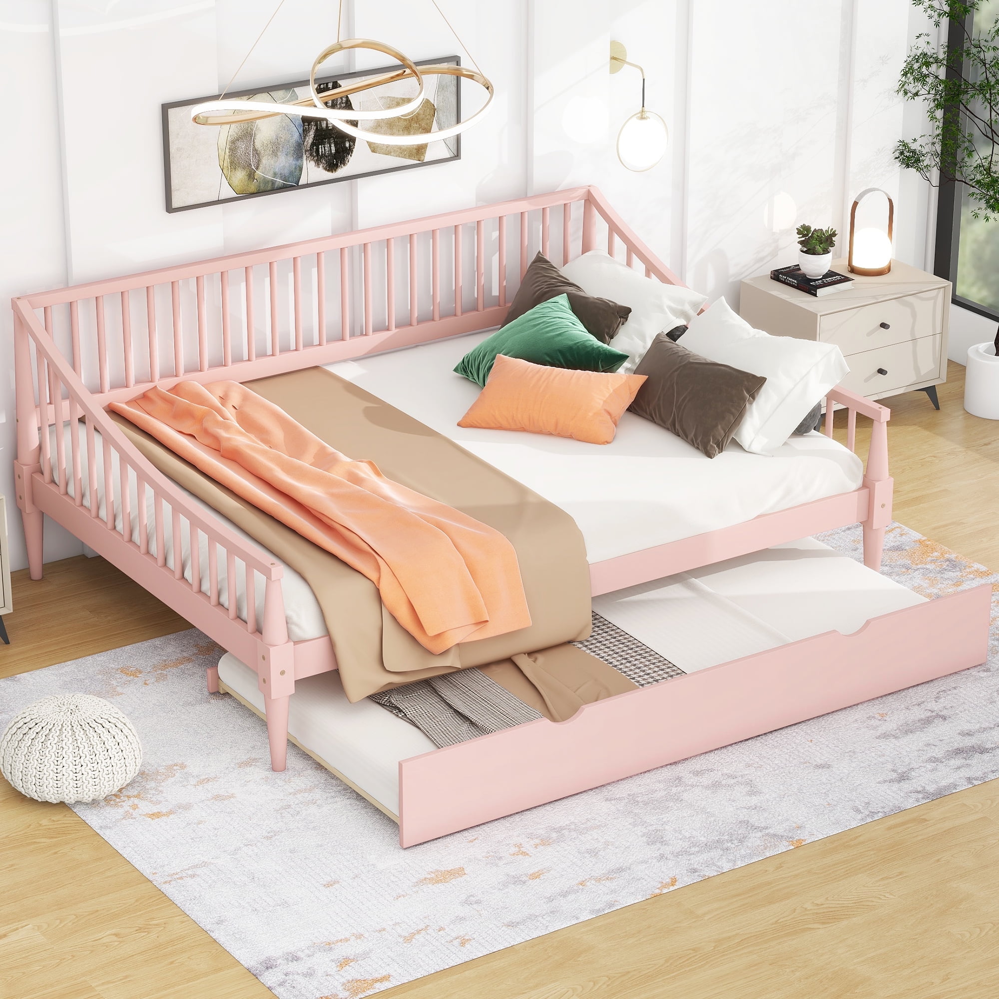 EUROCO Wood Full Size Daybed with Trundle for Kids Teens Adults Solid Wood Bed for Bedroom Pink