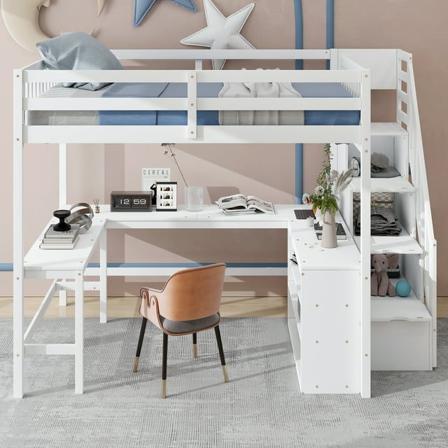 EUROCO Wood Full Size Loft Bed with Desk, Shelf and Storage Staircase