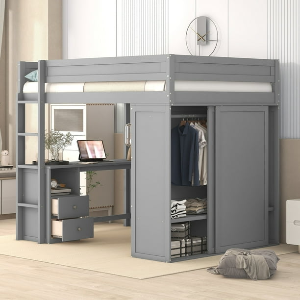 Euroco Wood Full Size Loft Bed Storage Desk and Drawers Wardrobe with Clothes Hanger and Sliding Door for Living Room Gray