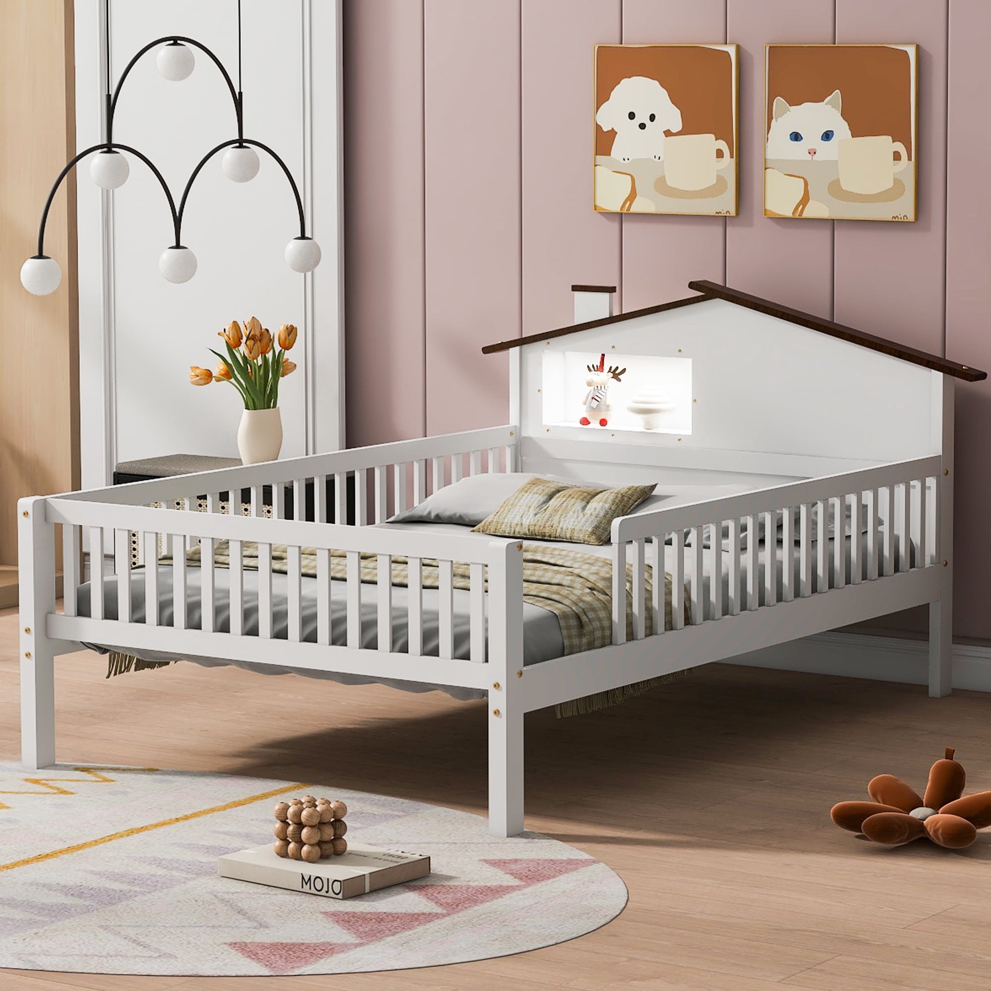 EUROCO Wood Full Size Platform Bed Frame with House Like Roof and LED Light, White