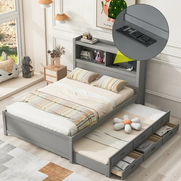 EUROCO Wood Full Size Platform Bed Frame with Trundle and Drawers, Storage Headboard and Shelf, USB Charging, Gray