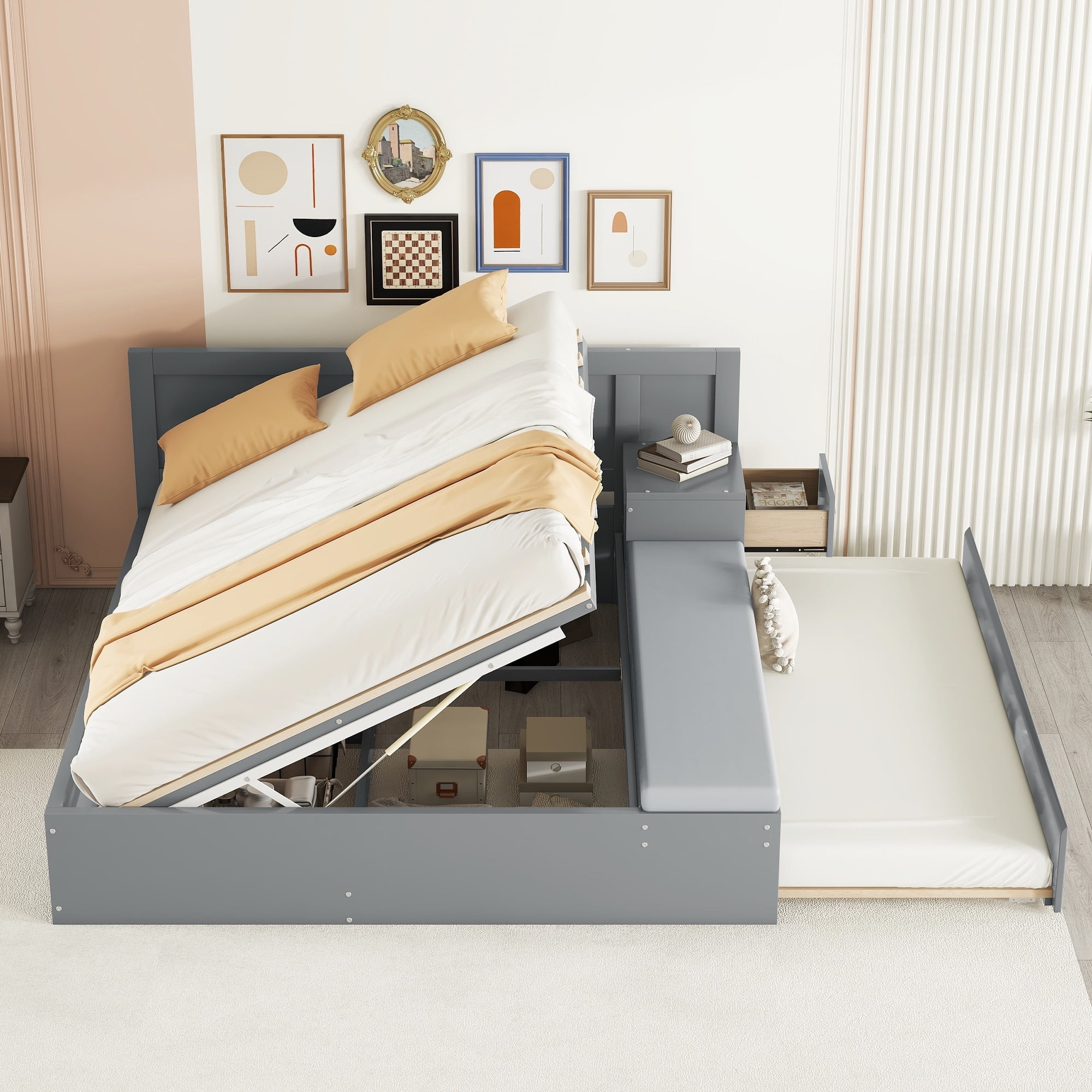 EUROCO Wood Full Size Storage Platform Bed with Desk and Trundle, Lift up Hydraulic with Upholstery Cushion, Gray