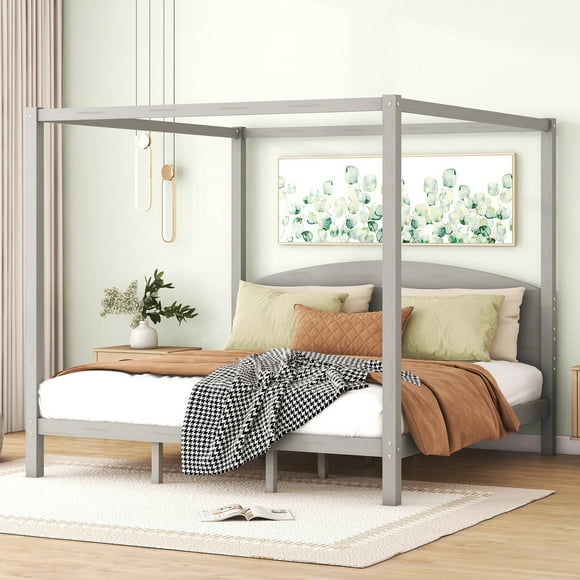 EUROCO Wood King Size Canopy Bed, Solid Wood Platform Bed with Headboard for Kids Teens Adults, Grey Wash