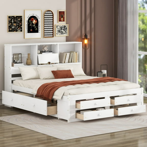 EUROCO Wood King Size Platform Bed with 8 Drawers for Adults Bedroom, Living Room, White