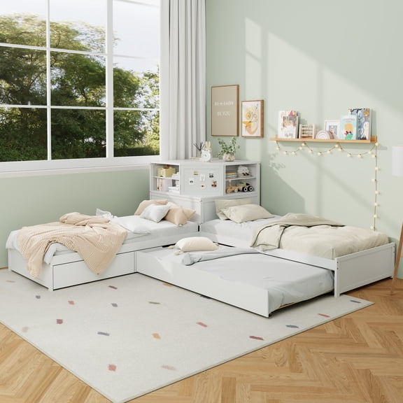 EUROCO Wood L-Shaped Twin Platform Bed with Trundle and Drawers, L Shaped Bed with Desk and LED Light for Kids Teens Bedroom, White