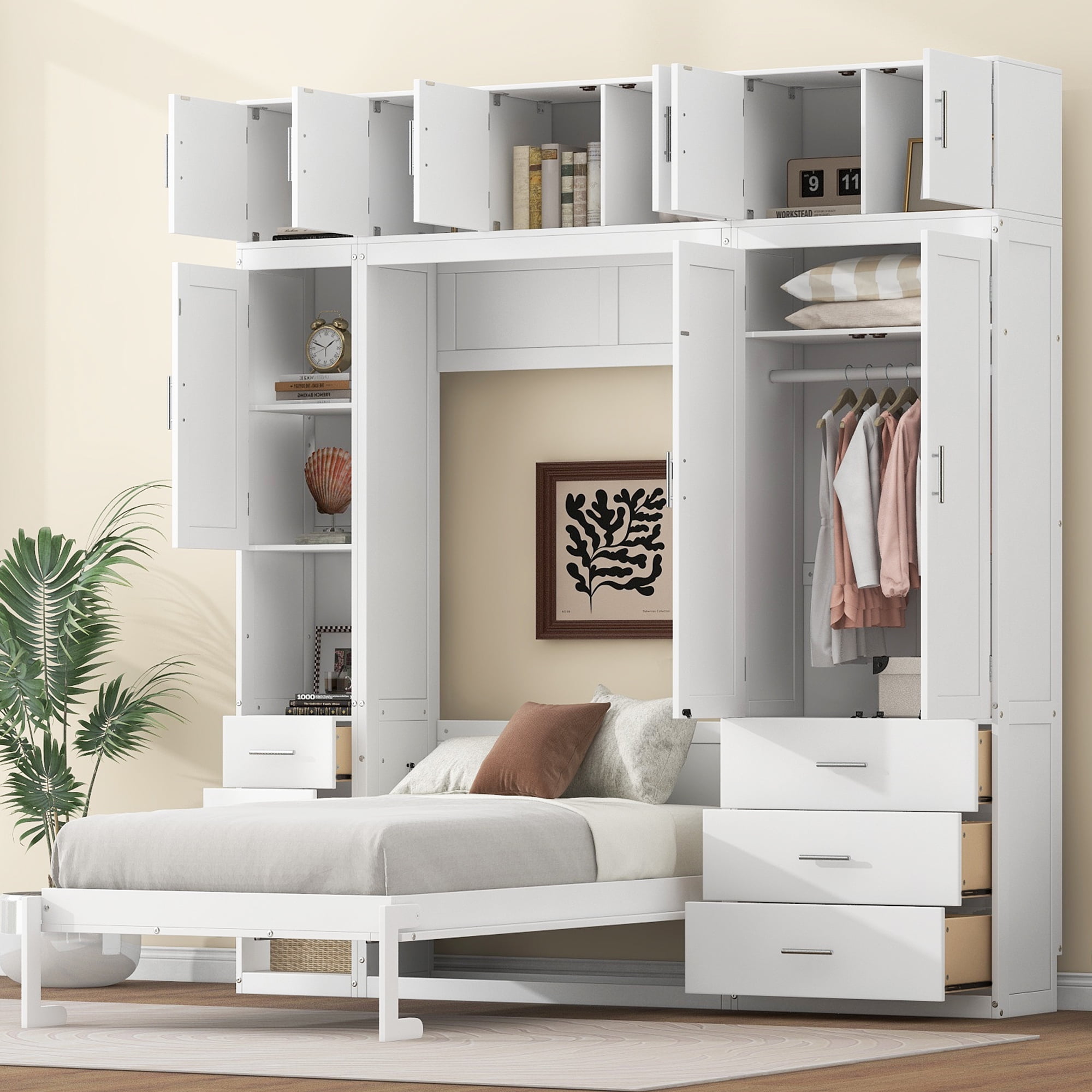 EUROCO Wood Murphy Bed Storage Wall Bed with Cabinets and Drawers Clever Furniture Set with Wardrobe for Living Room Assemble Video Provided Twin