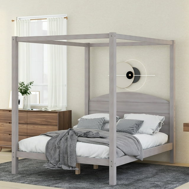 EUROCO Wood Queen Size Canopy Bed, Solid Wood Platform Bed with