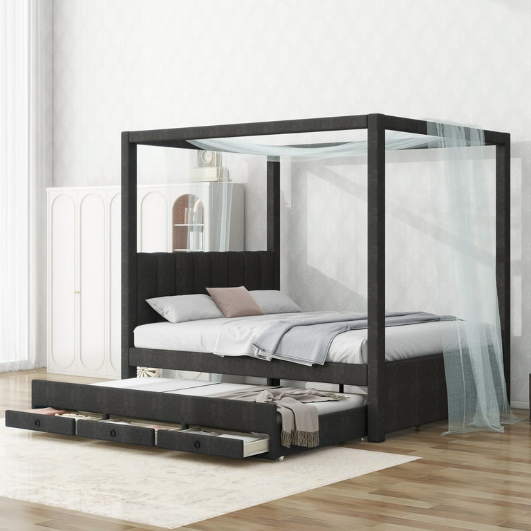 EUROCO Upholstered Canopy Bed for Kids Teens Adults Full Size with Underneath Trundle Bed and 3 Drawers Gray Walmart