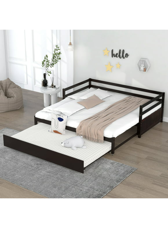 EUROCO Wood Twin Size Daybed, Convertible Double Twin Size Platform Bed with Trundle, Espresso