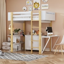 EUROCO Wood Twin Size Loft Bed with Desk, White