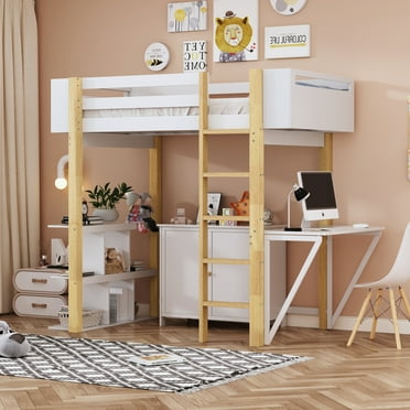 EUROCO Wood Twin Size Loft Bed with Desk, White
