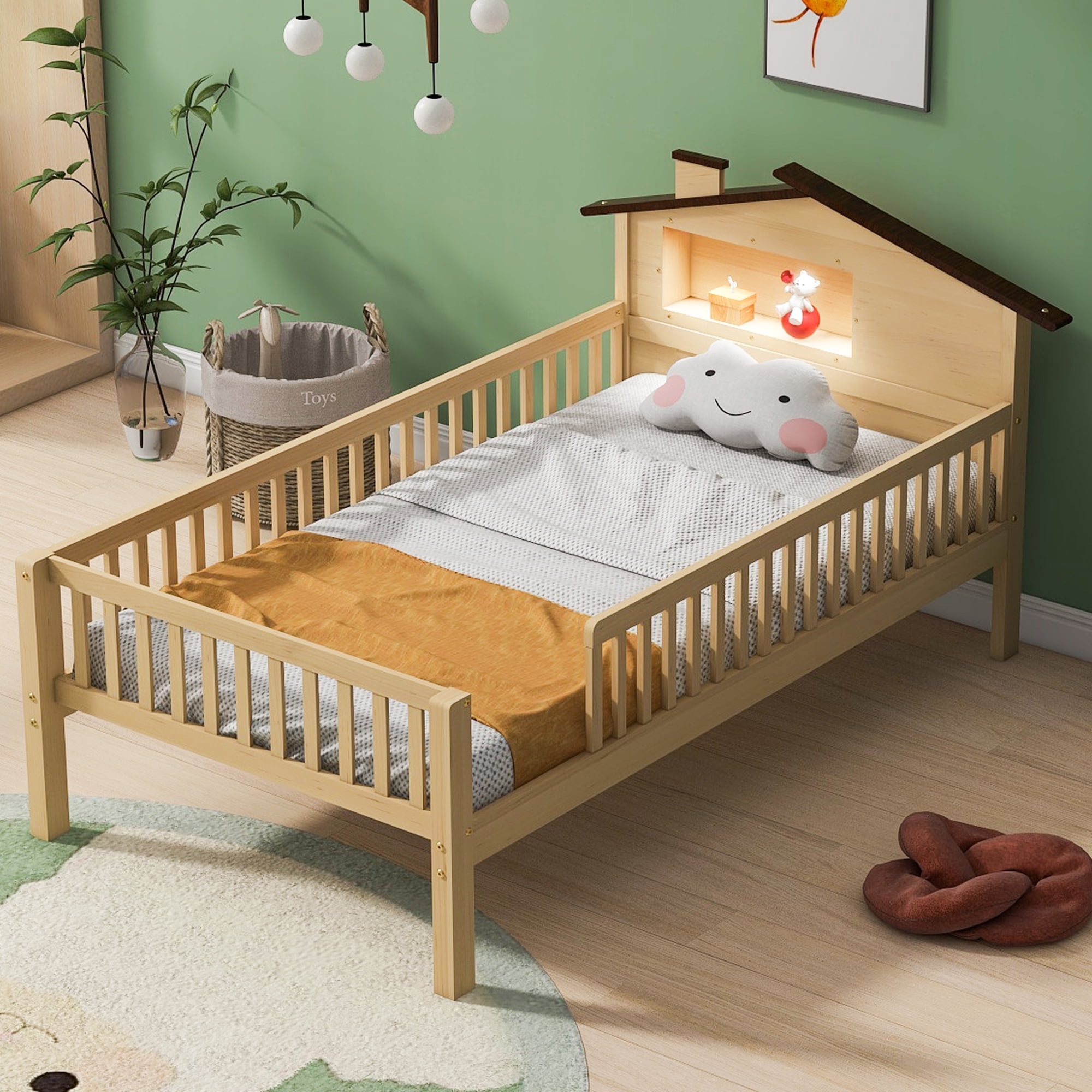 EUROCO Wood Twin Size Platform Bed Frame with House Like Roof and LED Light, Natural