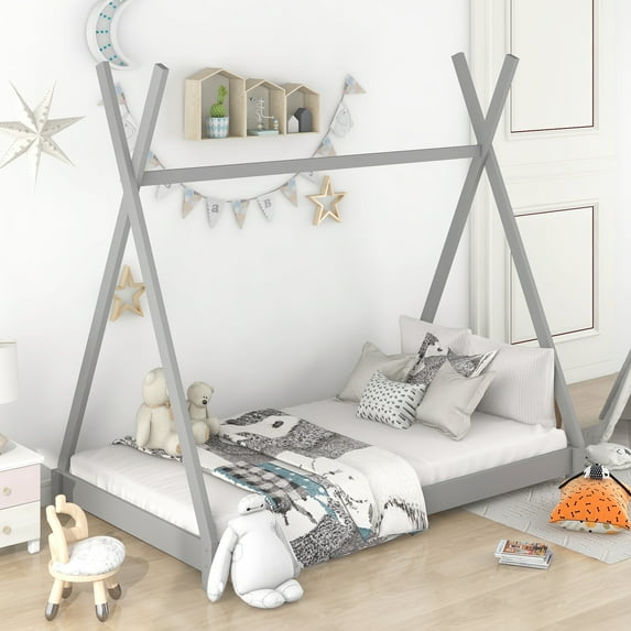 Euroco Wood Twin Size Platform Bed for Kids Teens, Canopy Tent Bed for Living Room, Gray