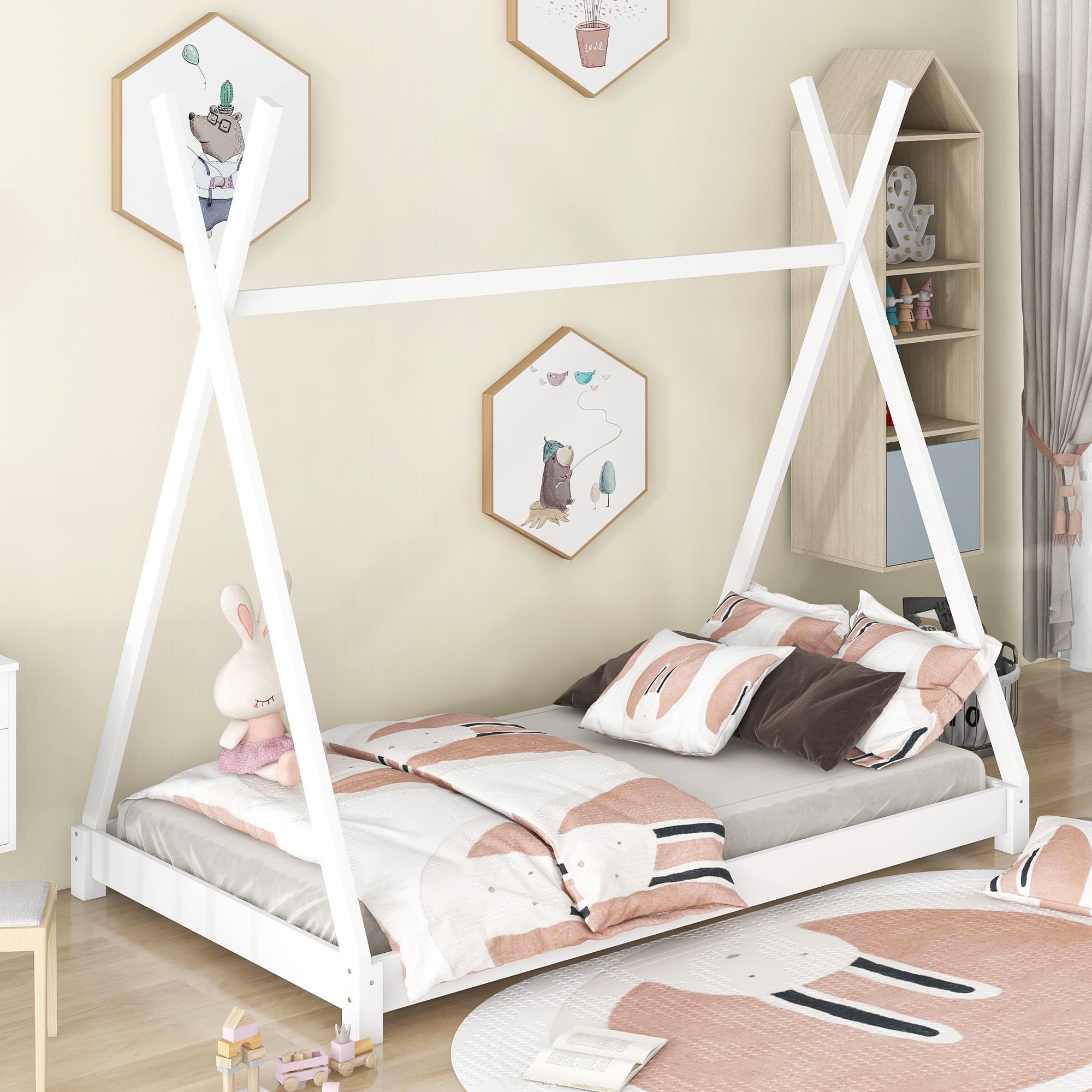 EUROCO Modern Wood Twin Size Platform Bed for Kids, Canopy Tent Bed for Living Room Bedroom, White