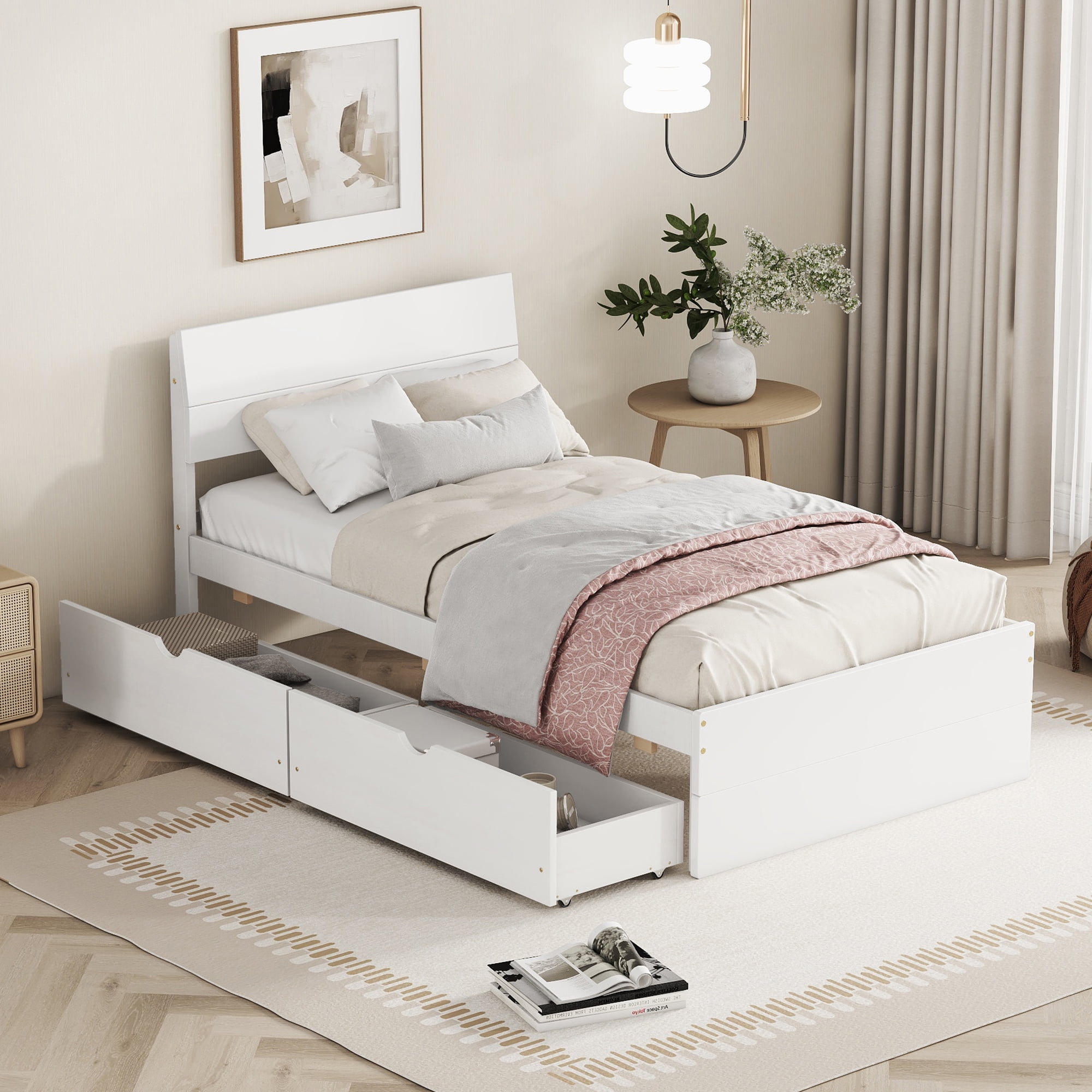 EUROCO Wood Twin Size Platform Bed with Drawers for Kids Teens Adults, Solid Wood Bed for Bedroom, White