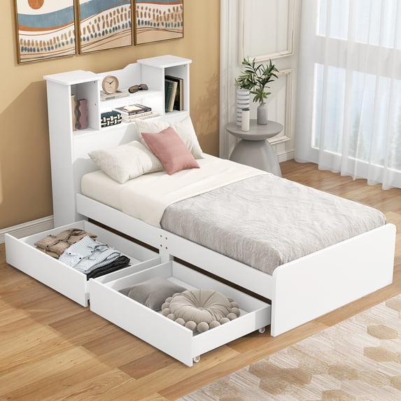 EUROCO Wood Twin Size Platform Bed with Storage Headboard and 2 Drawers, Open Shelf and LED Light for Kids Teens Adults, White