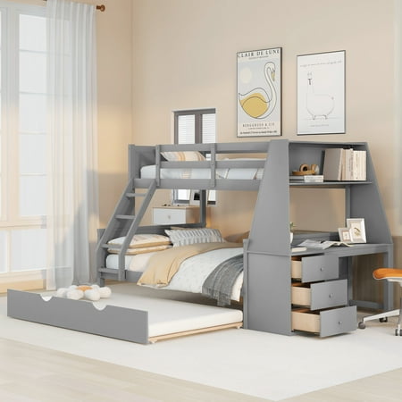 EUROCO Wood Twin over Full Bunk Bed with Twin Trundle, Built-in Desk with Shelf and 3 Drawers for Kids Teens Adults, 3-in-1 Beds, Gray