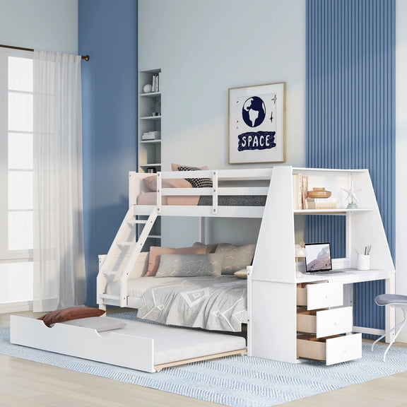 EUROCO Wood Twin over Full Bunk Bed with Twin Trundle, Built-in Desk with Shelf and 3 Drawers for Kids Teens Adults, 3-in-1 Beds, White