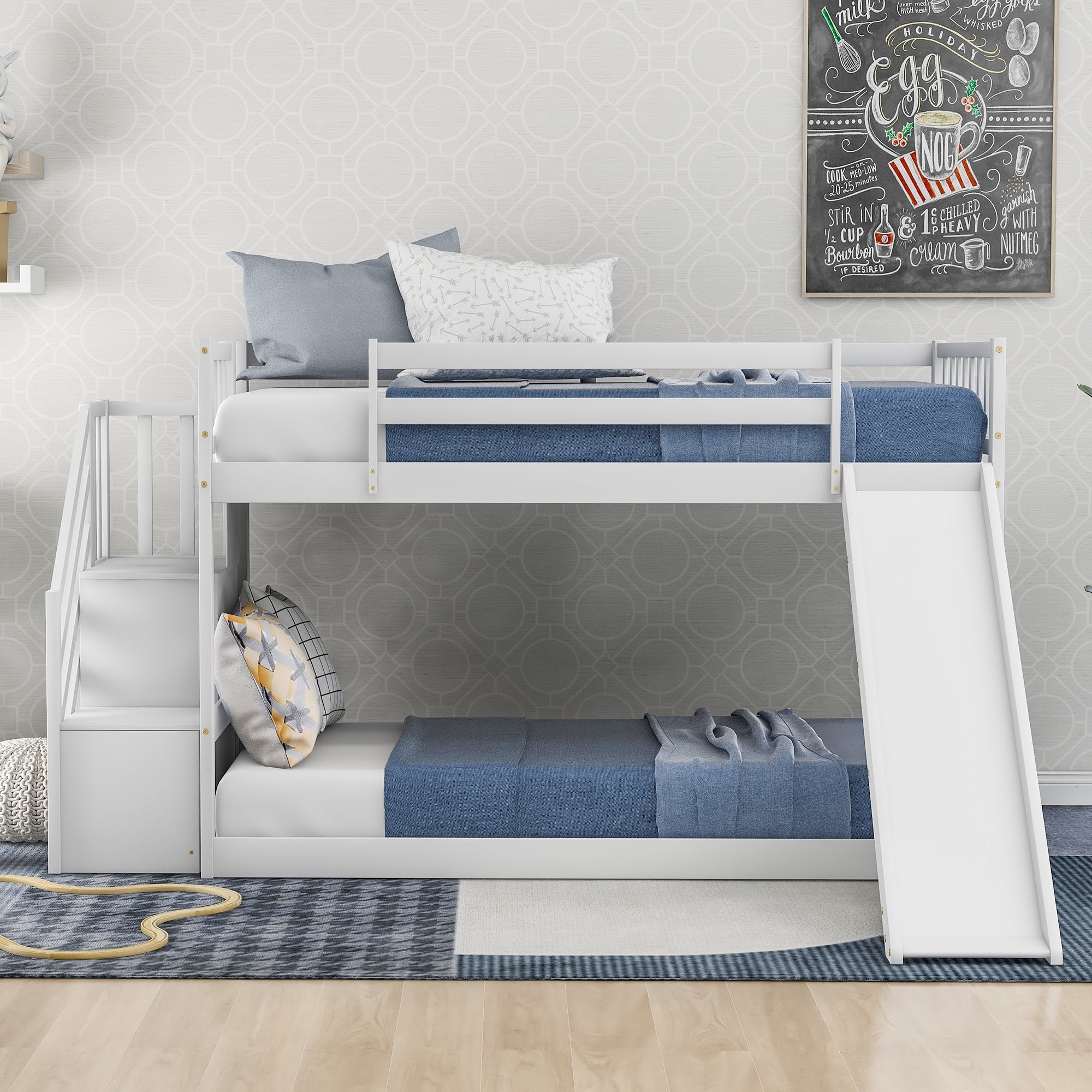 EUROCO Wood Twin over Twin Bunk Bed with Slide and Staircase, Low
