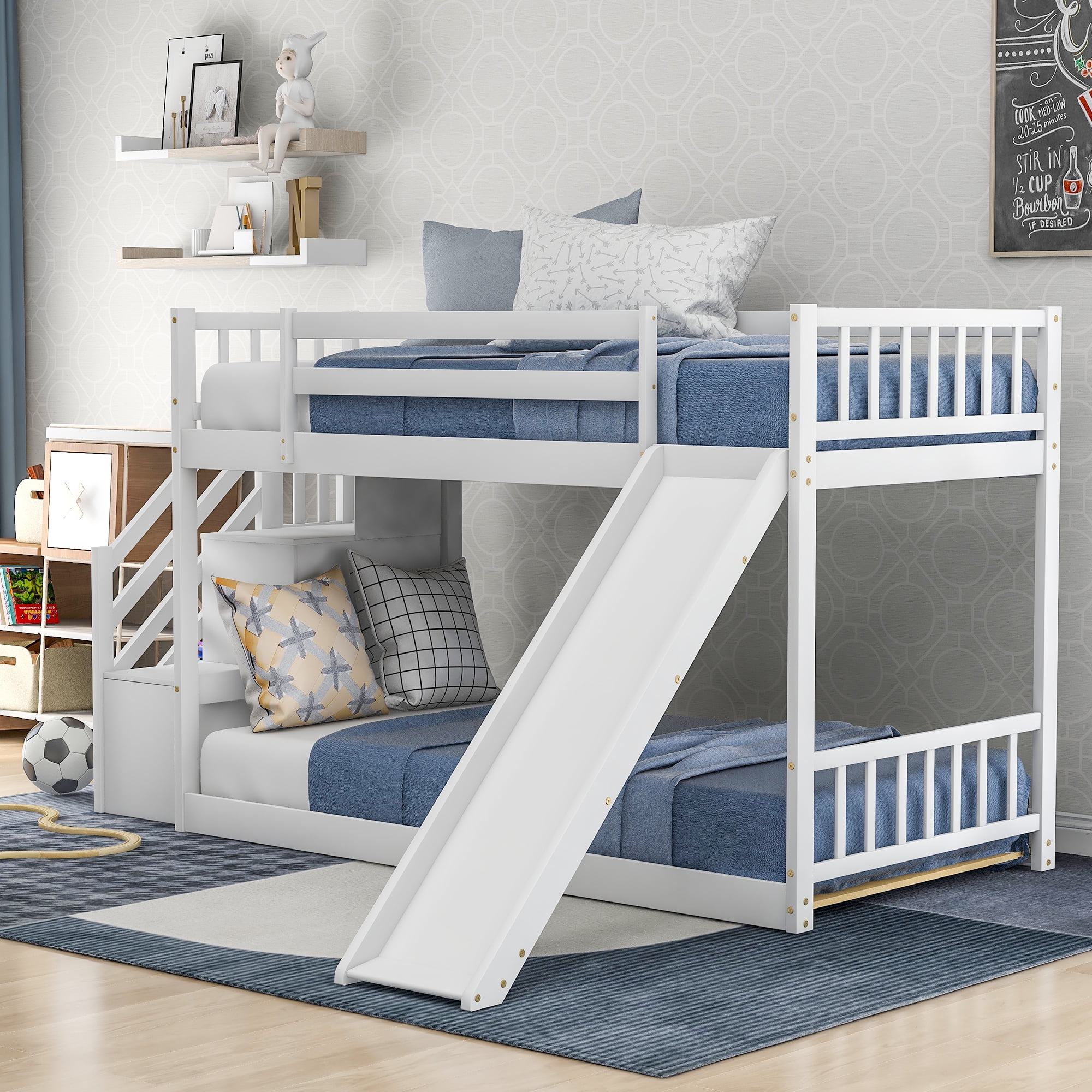 EUROCO Wood Twin over Twin Bunk Bed with Slide and Staircase, Low — free download