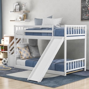 EUROCO Wood Twin over Twin Bunk Bed with Slide and Staircase, Low Profile Bunk Bed with Storage for Kids Teens