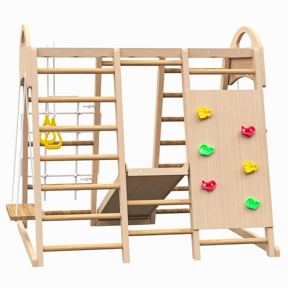EUROCO Wooden Climbing Toys, Playground Jungle Gym for Kids and Toddlers, Climb and Slide Set with Gymnastic Rings, Rock Wall, Swing, Slide and Rope Climber