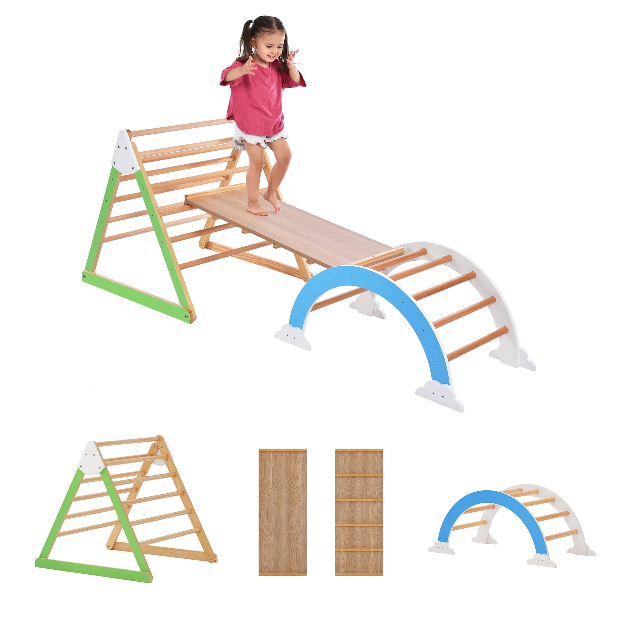 EUROCO Wooden Climbing Frame, Toddler Climbing Toys Indoor, Wooden Playground Climber with Ramp, Arch and Ladder