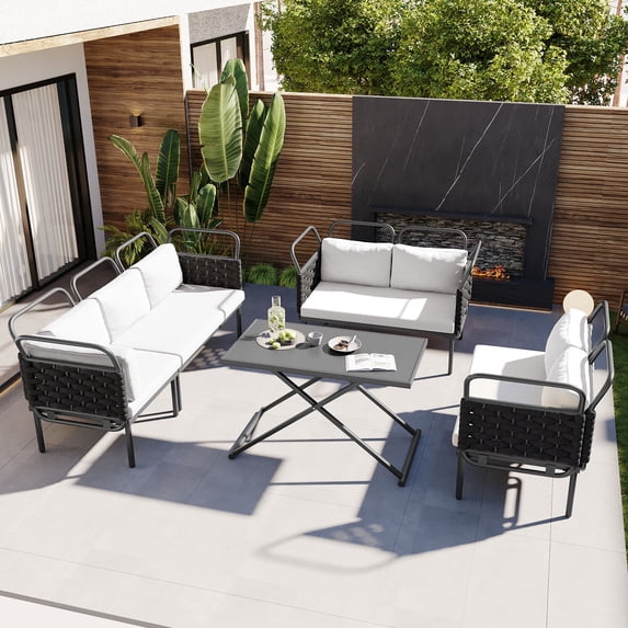 EUROCO Woven Rope Patio Sectional Sofa Set, 5 Pieces Ergonomically designed Outdoor Furniture Set with Glass Table and Cushions, Conversation Chat Sofa Modern Seating Set, Gray