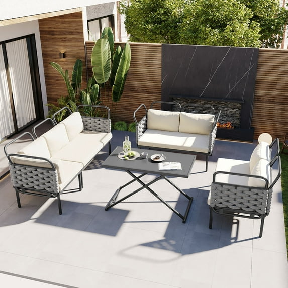 EUROCO Woven Rope Patio Sectional Sofa Set, 5 Pieces Ergonomically designed Outdoor Furniture Set with Glass Table and Cushions, Conversation Chat Sofa Modern Seating Set, Beige