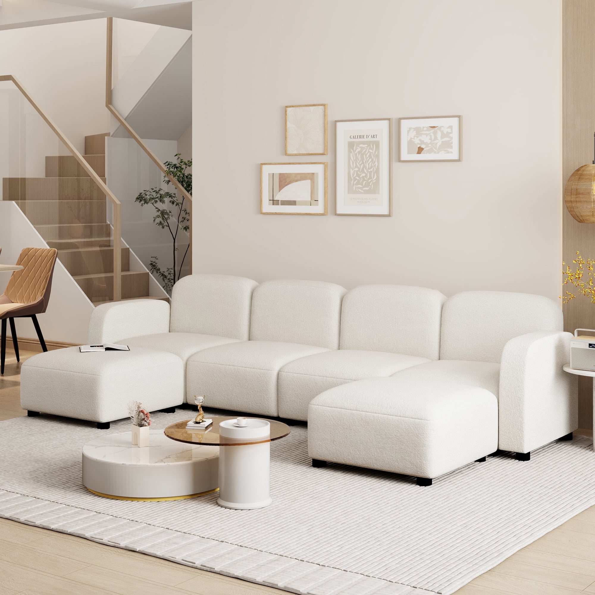 EUROCO 116" U Shaped Modular Sectional Sofa Couch, Reversible 6 Seat Velvet Sleeper Cloud Sofa Bed with Ottoma, onvertible Oversized Indoor Furniture Pieces for Living Room, Beige