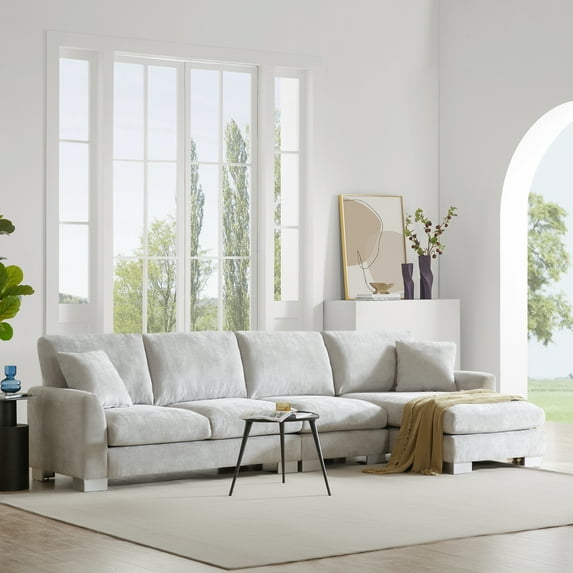 EUROCO119" Modern Oversized L-Shaped Reversible Sectional Sofa Couch, 5-seat Chenille Indoor Furniture Couch Set with 2 Free pillows and Chaise for Living Room, Apartment, Office, Light Gray