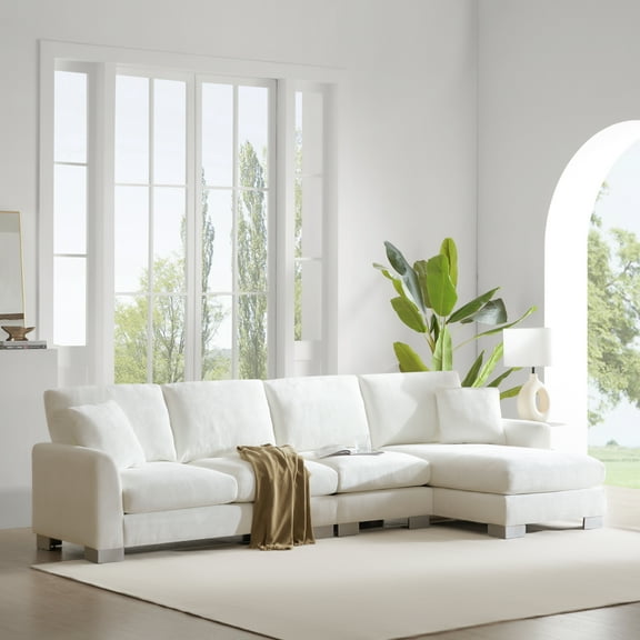 EUROCO119" Modern Oversized L-Shaped Reversible Sectional Sofa Couch, 5-seat Chenille Indoor Furniture Couch Set with 2 Free pillows and Chaise for Living Room, Apartment, Office, White