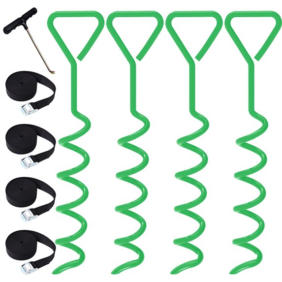 Eurmax USA Trampoline Corkscrew Shape Steel Stakes Anchor Kit with T Hook for Trampolines -Set of 4 Bonus 4 Strong Belt