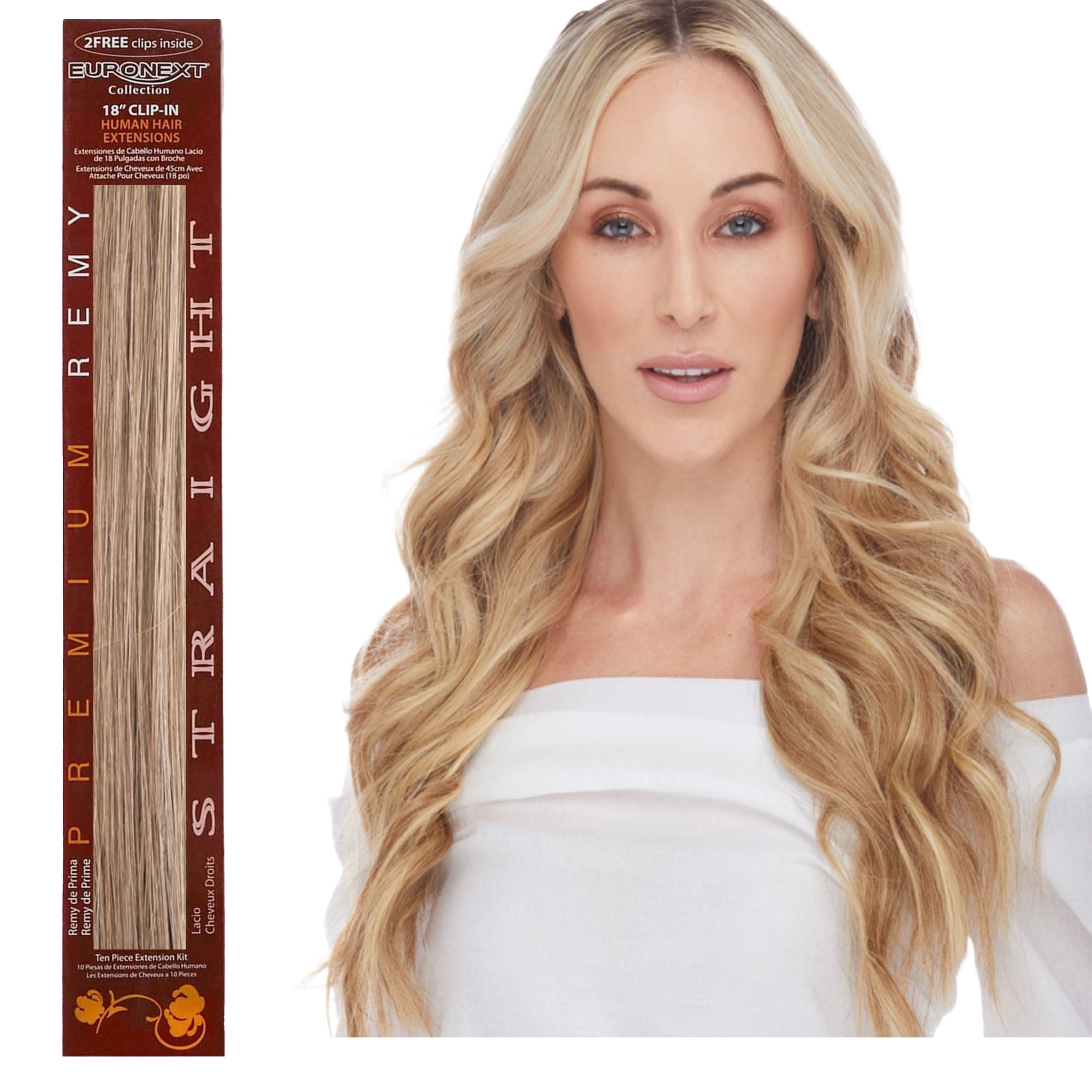 EURONEXT Clip in hair extensions, 100% Remy human hair, 18 inches, Straight, Curly, Dark Blonde Frost #8.22