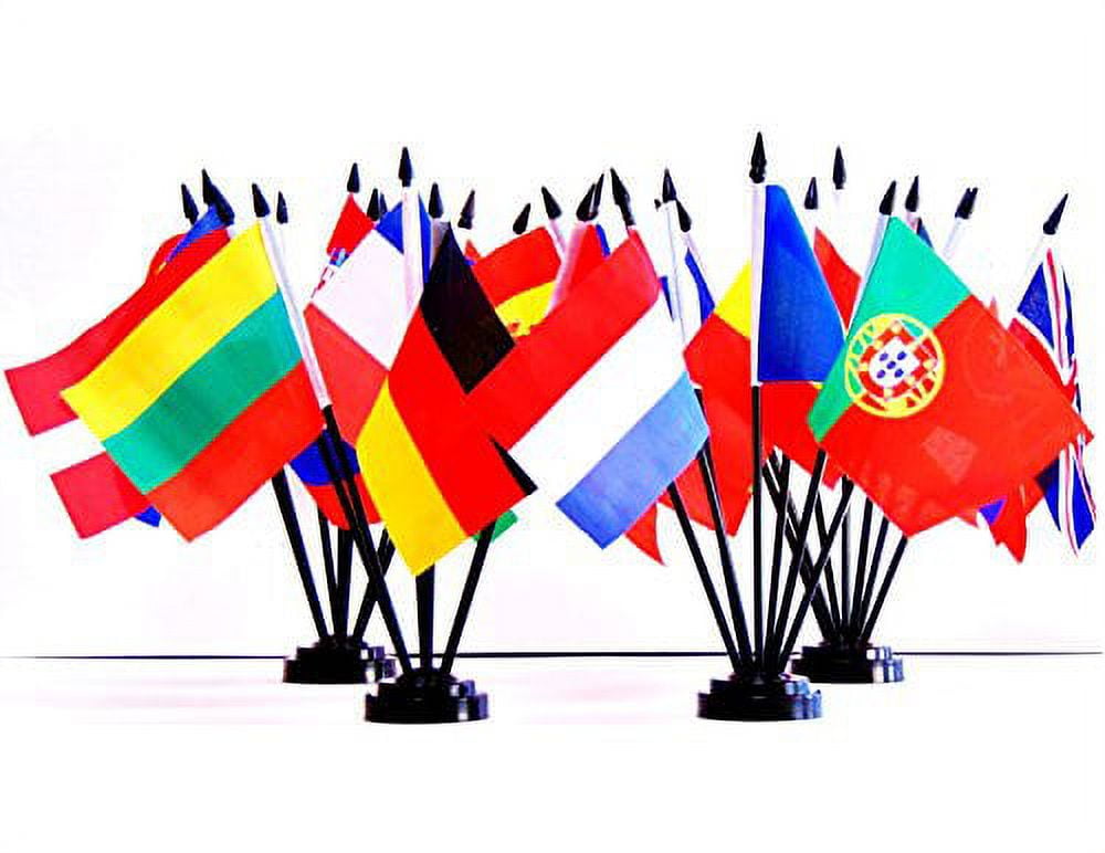 EUROPEAN UNION (EU) WORLD FLAG SET with BASES--28 Polyester 4"x6" Flags, One Flag for Each Country in the European Union (EU), 4x6 Miniature Desk & Table Flags, Small Mini Stick Flags