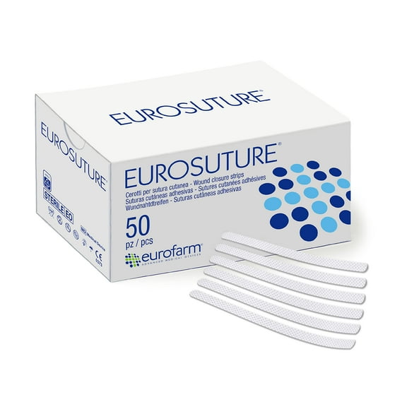 EUROSUTURE - Skin Closure 1/4 x 1 1/2 inches Sterile Suture Strips, Dynamic Adherence and Superior Security for Wounds ? 50 Pouches of 6 Strips Each (300 Strips per Box) - Made in Italy
