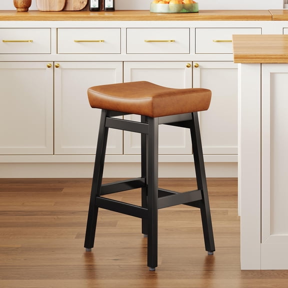 EURUIS 26" Bar Stools Set of 1,Wooden Counter Stools,Saddle Stool with PU Upholstery,Backless Bar Stools for Kitchen Island,Brown