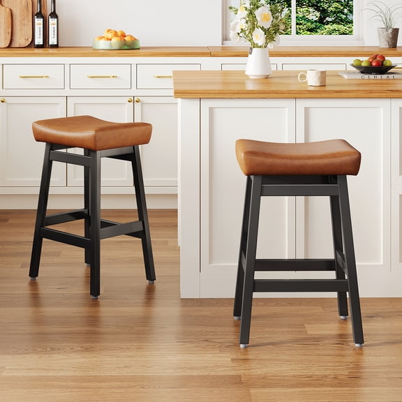 EURUIS 26" Bar Stools Set of 2,Wooden Counter Stools,Saddle Stool with PU Upholstery,Backless Bar Stools for Kitchen Island,Brown