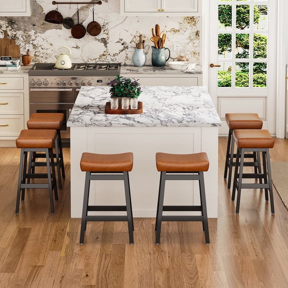 EURUIS 26" Bar Stools Set of 4,Wooden Counter Stools,Saddle Stool with PU Upholstery,Backless Bar Stools for Kitchen Island,Brown