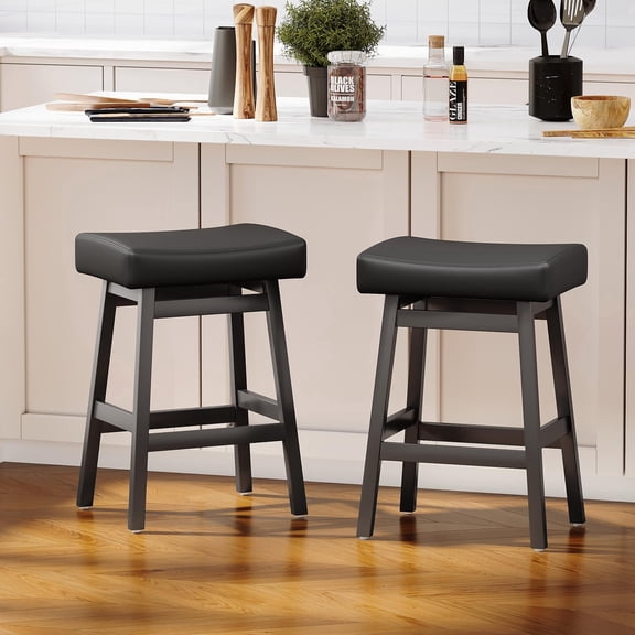 EURUIS 26" Bar Stools Set of 2,Wooden Counter Stools,Saddle Stool with PU Upholstery,Backless Bar Stools for Kitchen Island,Black