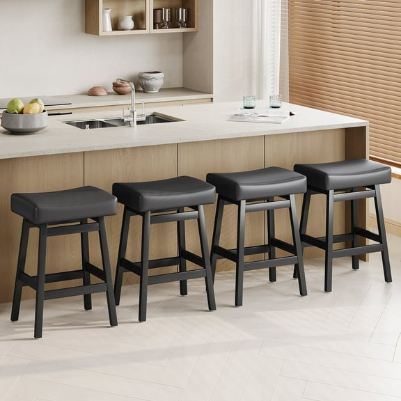 EURUIS 26" Bar Stools Set of 4,Wooden Counter Stools,Saddle Stool with PU Upholstery,Backless Bar Stools for Kitchen Island,Black