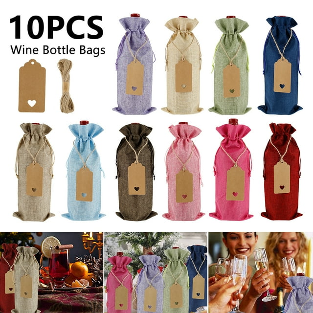 EUWBSSR 10 Pcs Linen Wine Bag Wine Gift Bag 35*15CM Reusable Wine Bottle Cap With Rope And Label