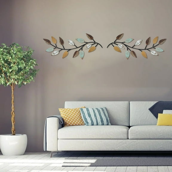 EUWBSSR 2 Pcs Metal Tree Leaf Wall Decor Decorative Vine Olive Branch Leaf Wall Art Elegant Wrought Iron Scroll for Living Room Bedroom Bathroom 40x16cm