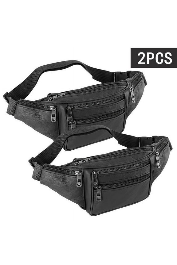 2Pcs Genuine Leather Waist Fanny Pack Belt Bag Pouch Travel Hip Purse Men Women