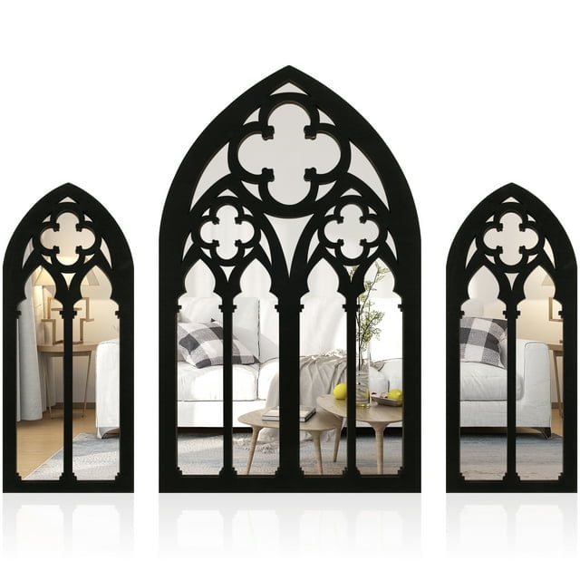 EUWBSSR 3Pcs Gothic Arch Wall Mirrors – Wood-Framed Decorative Set for Living Room, Bathroom, or Bedroom (1- Large :  7.2×11.8 inches, 2 - Small: 3.6×8.6 inches)