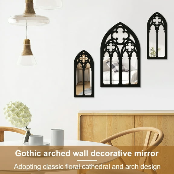 EUWBSSR 3Pcs Gothic Arch Wall Mirrors – Wood-Framed Decorative Set for Living Room, Bathroom, or Bedroom (1- Large : 7.2×11.8 inches, 2 - Small: 3.6×8.6 inches)